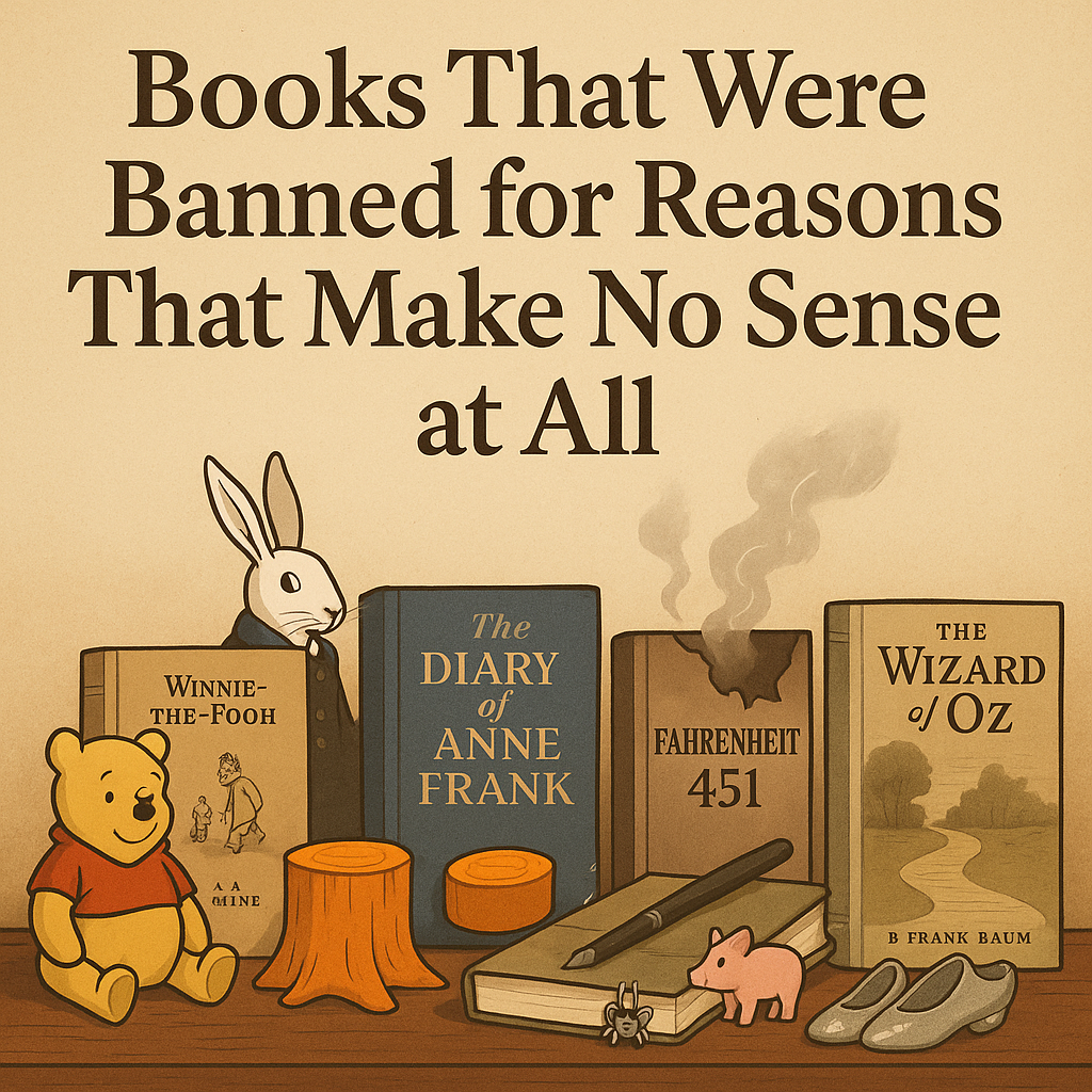Illustration of seven symbolically represented banned books including Winnie the Pooh, Alice in Wonderland, The Diary of Anne Frank, Fahrenheit 451, The Lorax, Charlotte’s Web and The Wizard of Oz arranged on a wooden shelf with playful objects like a rabbit, a tree stump, silver shoes and a smoking book.