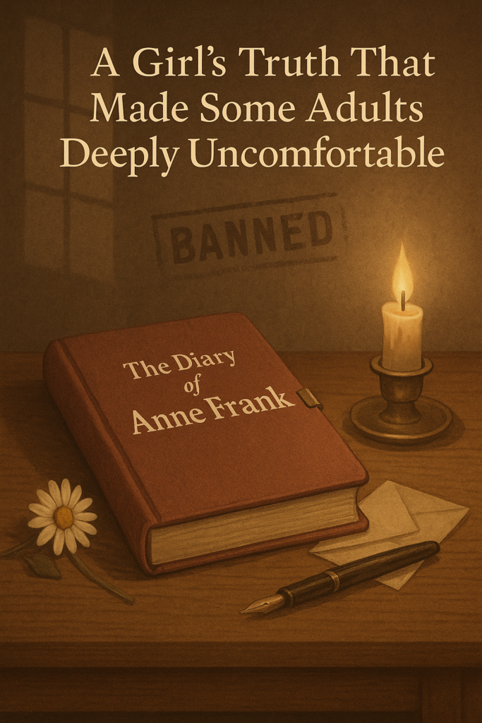 Illustration of a vintage diary titled The Diary of Anne Frank on a wooden desk with a candle, daisy, envelope and fountain pen, with the part title written above and a faint BANNED stamp in the background.