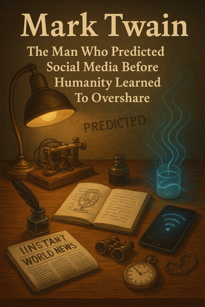 Illustration of a wooden desk with a telegraph machine, glowing communication signals, a smartphone, a notebook with a telelectroscope sketch, a newspaper titled Instant World News, binoculars, pocket watch and a faint PREDICTED stamp.