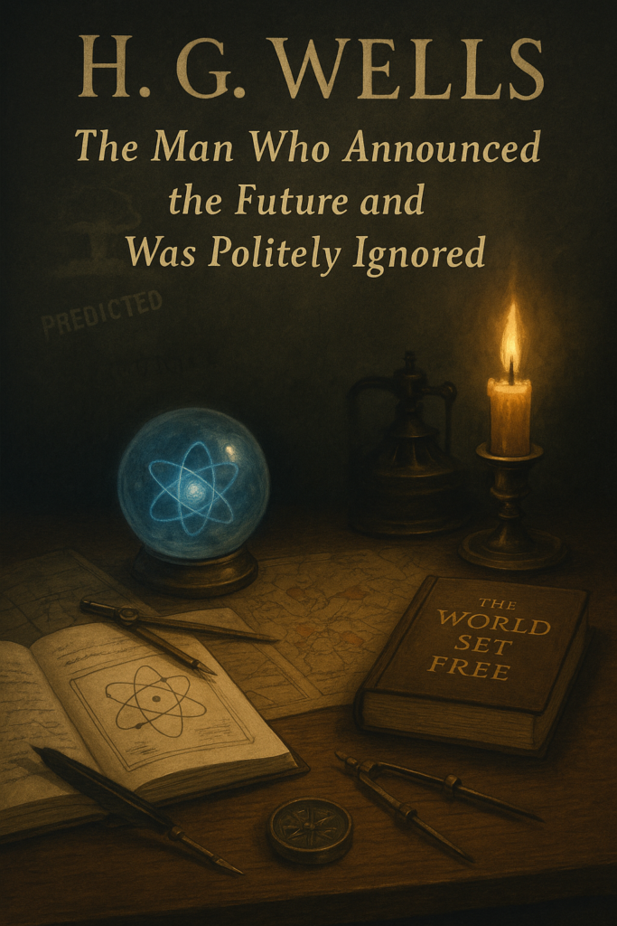 Illustration of a dark wooden desk with a glowing atomic sphere, candle, scientific sketches, map, compass, dividers and a book titled The World Set Free, with a faint PREDICTED stamp in the background.