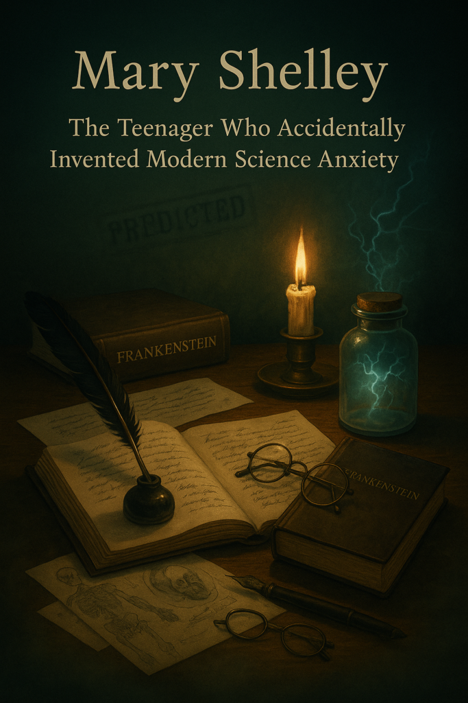 Illustration of a Gothic themed writing desk with a glowing jar, candle flame, open notebook, quill, anatomical sketches and a plain Frankenstein book under dramatic lighting.