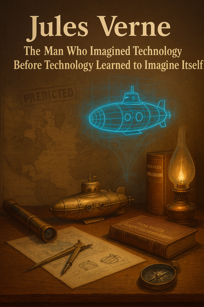 Illustration of a vintage explorer’s desk with a brass submarine model, glowing hologram submarine blueprint, old maps, telescope, compass, oil lamp and a book titled Voyages Extraordinary.