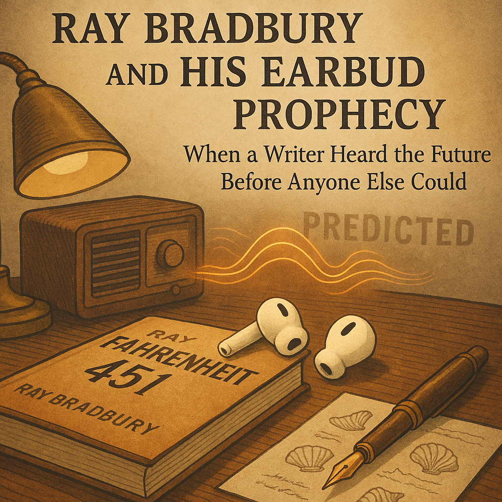 Illustration of a vintage styled desk showing a book titled Fahrenheit 451, a pair of wireless earbuds, an old radio, glowing sound waves and a faint PREDICTED stamp in the background.