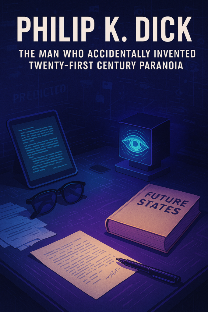 A futuristic still life illustration showing a digital tablet with glitching text, a glowing holographic eye cube, tinted glasses, scattered notes, a book titled Future States and deep blue neon lighting.