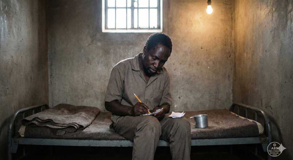 Ngũgĩ wa Thiong’o writing on scraps of paper inside Kamiti Maximum Security Prison in Kenya.