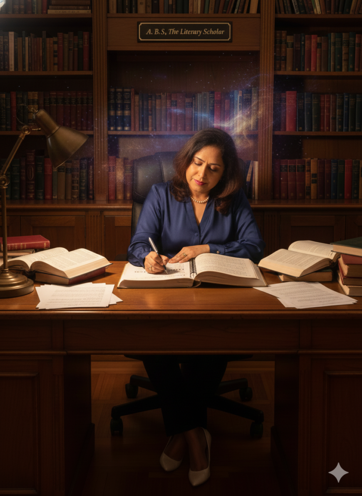 A. B. S., the literary scholar, seated in her office studying Ralph Waldo Emerson’s poem Brahma and writing critical notes at her desk.