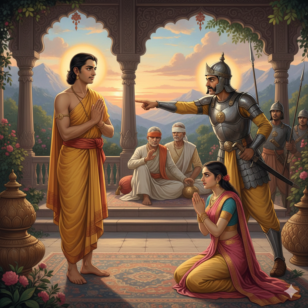 A dramatic painting depicting a scene from Act III of Nagananda. Prince Jimutavahana, dressed in simple robes, stands calmly but firmly in the center. Opposite him, his wife Malayavati and his brother-in-law Mitravasu look distressed, gesturing toward a backdrop of distant, warring soldiers and banners, urging the Prince to reclaim his lost kingdom. Jimutavahana's expression shows resolute non-violence.