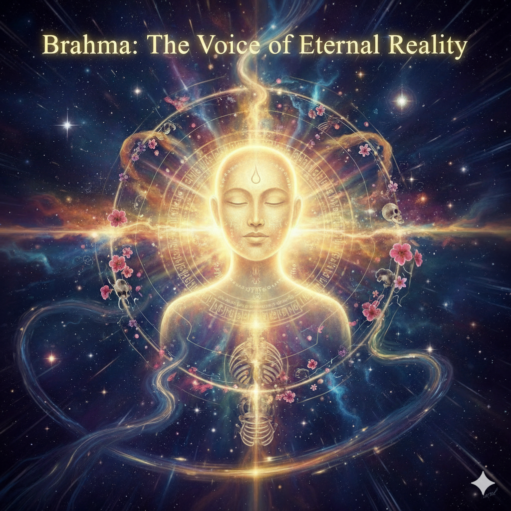 A cosmic illustration showing a radiant, formless presence emerging from stars and light, symbolizing Brahma as eternal reality.