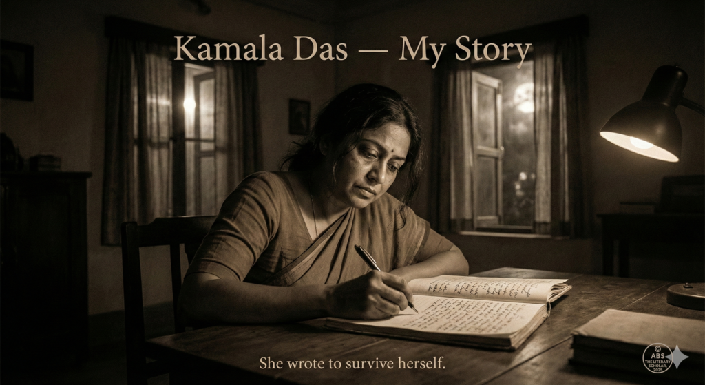 Portrait-style illustration of Kamala Das writing her autobiography My Story alone at night, capturing vulnerability, introspection, and emotional courage.