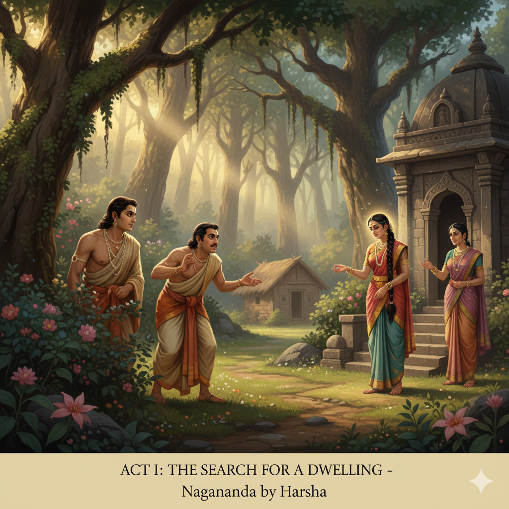 A vibrant painting showing the first romantic encounter in the play Nagananda. Prince Jimutavahana, dressed in simple ascetic robes, is concealed behind a large, flowering tree. He is gazing intently at Princess Malayavati, who stands nearby in the peaceful penance grove with a maid, her expression focused and beautiful. Soft sunlight filters through the dense, tropical foliage of the Malaya Mountains.