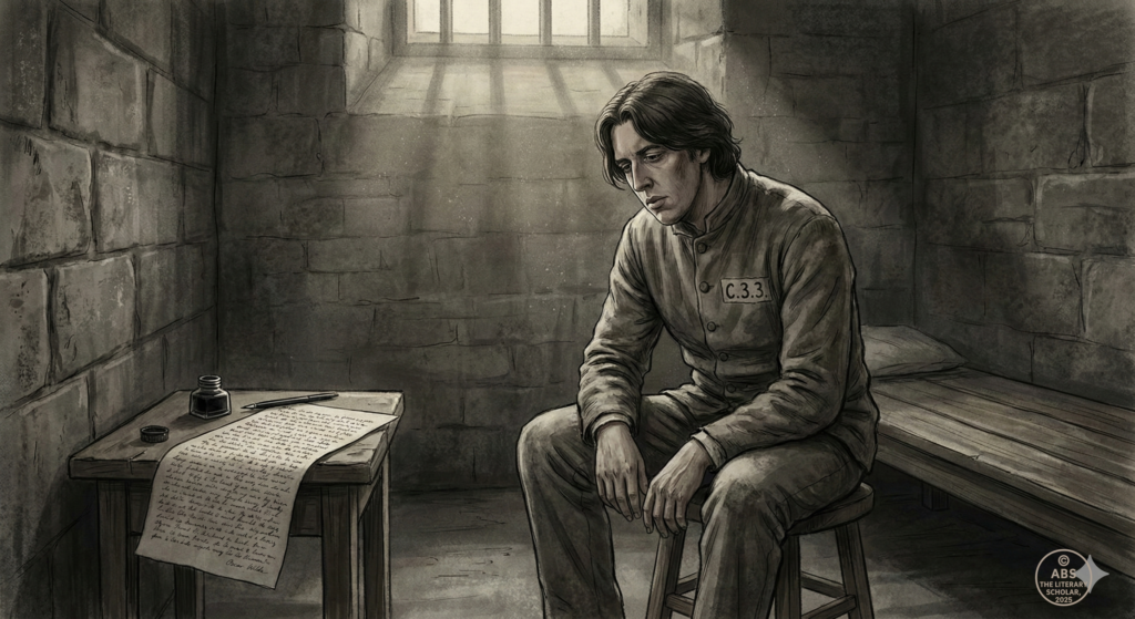 Oscar Wilde seated in Reading Gaol prison cell, writing De Profundis under confinement.