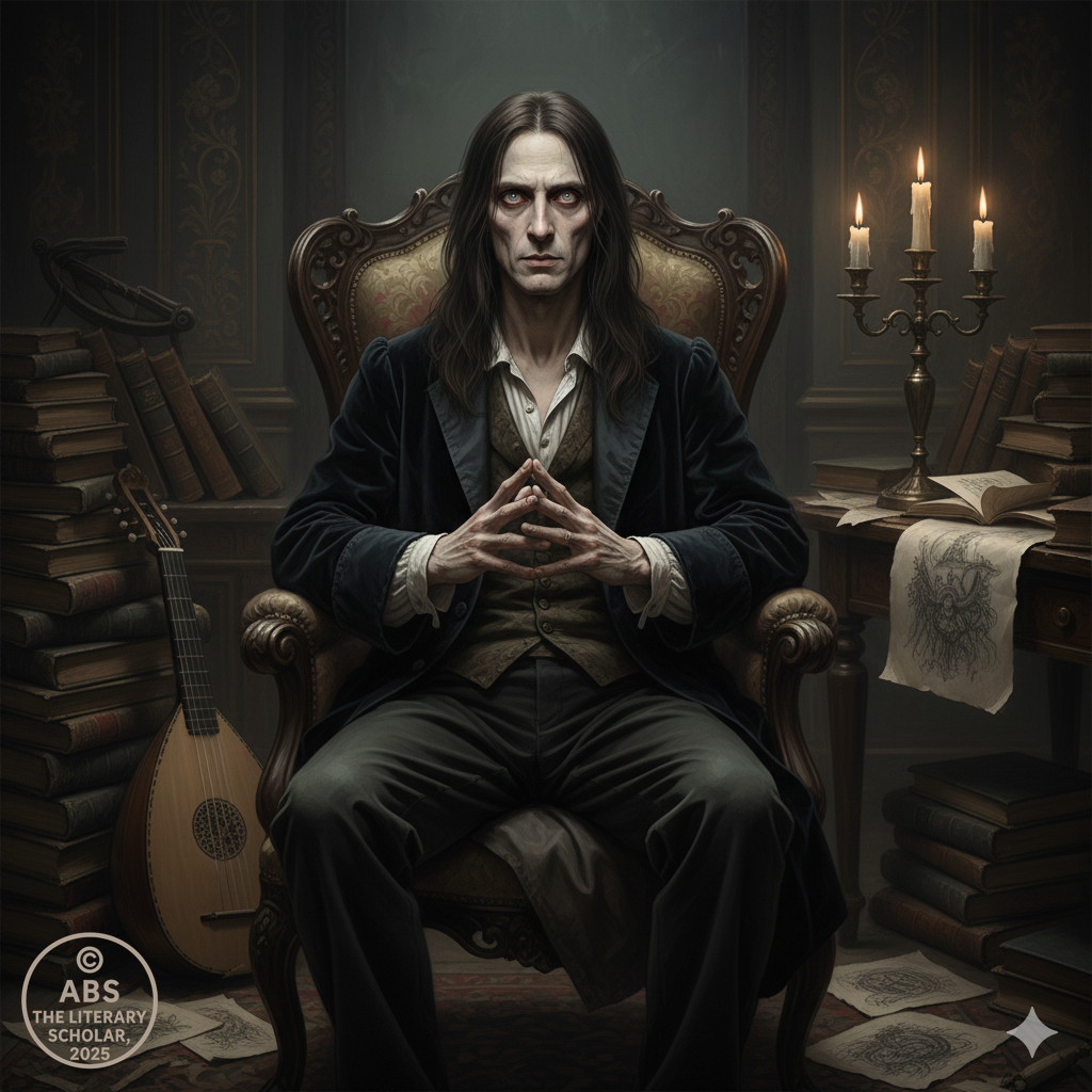 A pale, hollow-eyed man with long fine hair, sitting in a dim room cluttered with books and strange musical instruments.