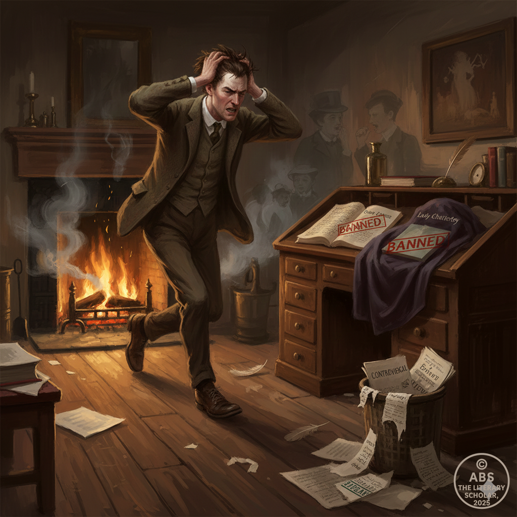 llustration of D. H. Lawrence standing in a dim room, looking regretfully at a manuscript of Sons and Lovers on a table with a BANNED stamp, surrounded by shadows and controversy.