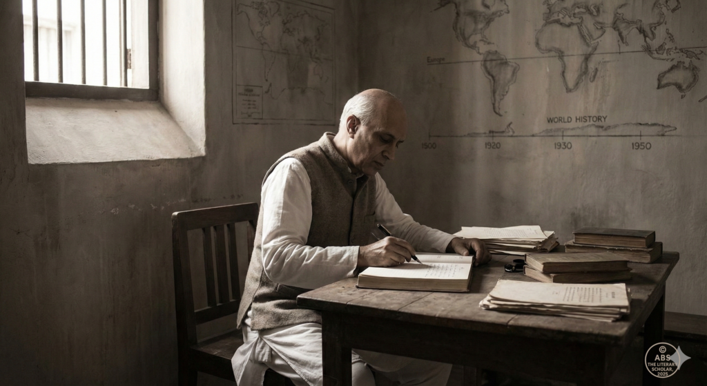 Jawaharlal Nehru writing historical letters and manuscripts inside a British colonial prison cell in India.