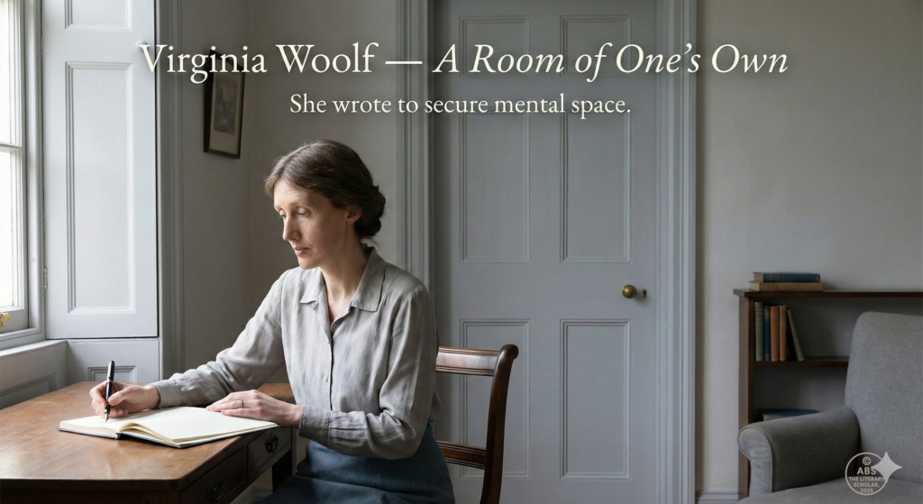 Illustrated portrait of Virginia Woolf seated in a quiet study while writing A Room of One’s Own, symbolising intellectual solitude and mental independence.