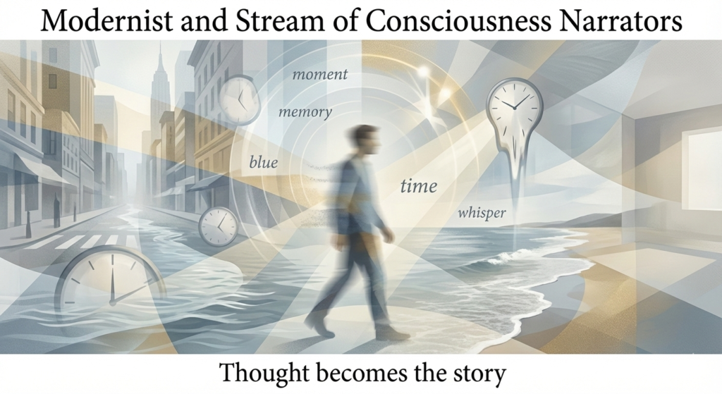 Abstract illustration representing stream of consciousness narration, with overlapping memories, shifting time, and interior thought replacing linear storytelling.