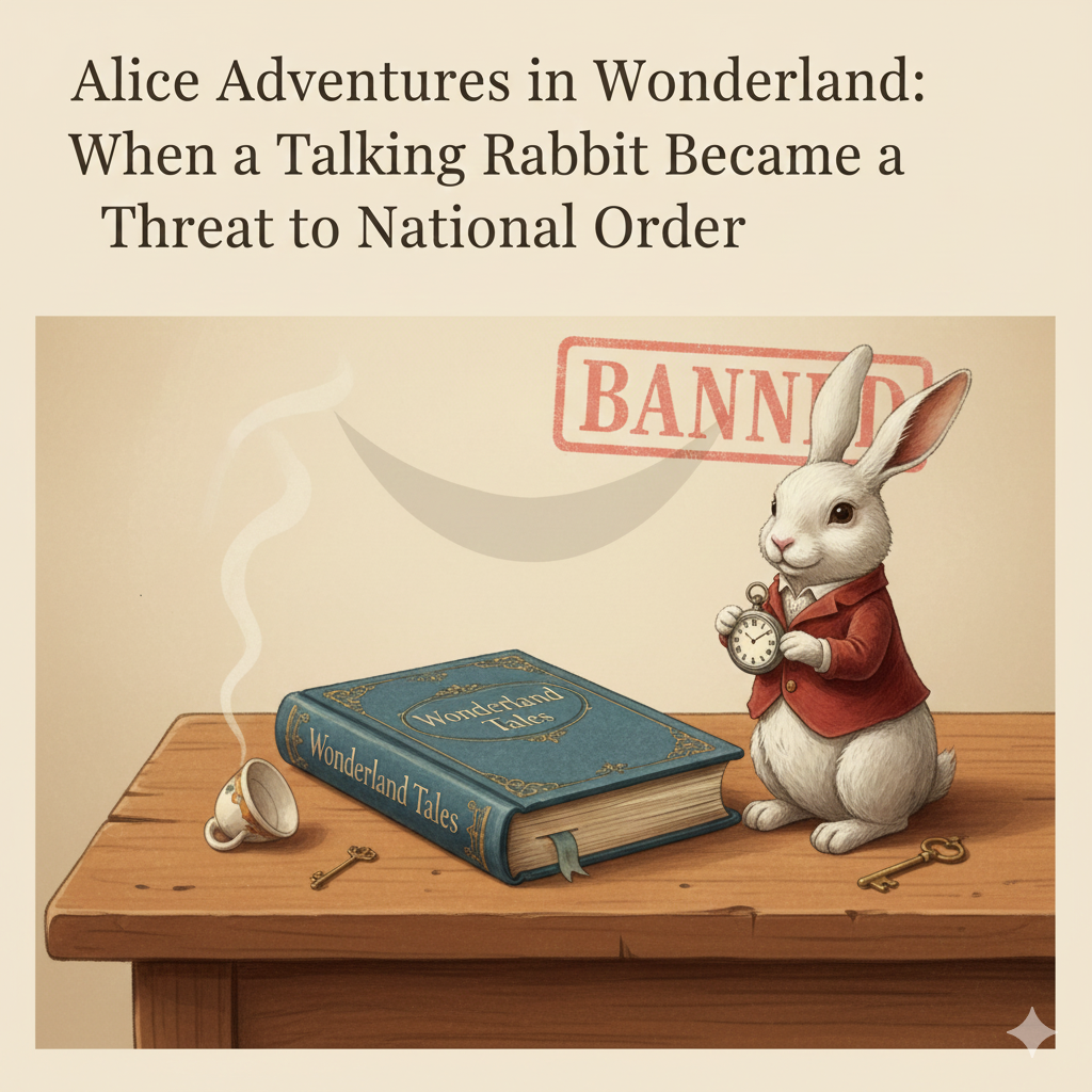 Illustration of a vintage book titled Wonderland Tales placed beside a white rabbit figurine in a waistcoat holding a pocket watch, with a faint BANNED stamp and a subtle smiling outline in the background.