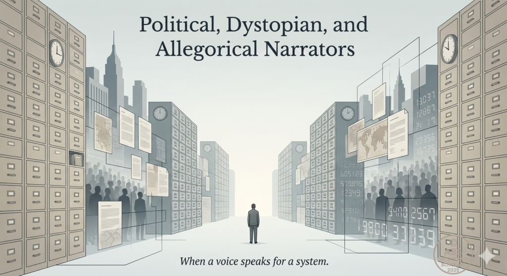 Symbolic illustration of a lone narrator standing within large institutional structures, representing political and allegorical narration in fiction.