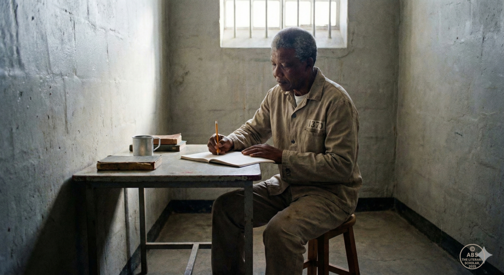 Nelson Mandela writing in his prison cell on Robben Island during apartheid-era imprisonment.
