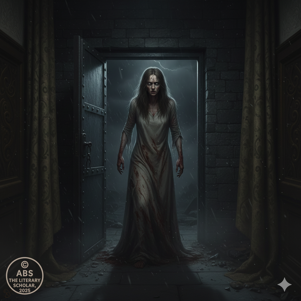 A blood-streaked woman in torn burial shroud standing in a doorway, eyes wide with effort and fury.