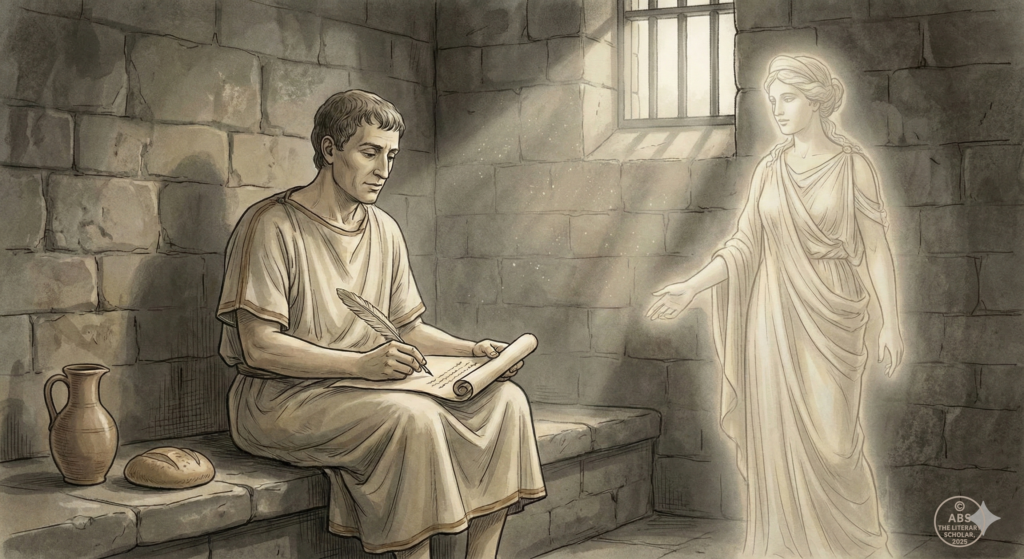 Boethius writing The Consolation of Philosophy while imprisoned and awaiting execution.