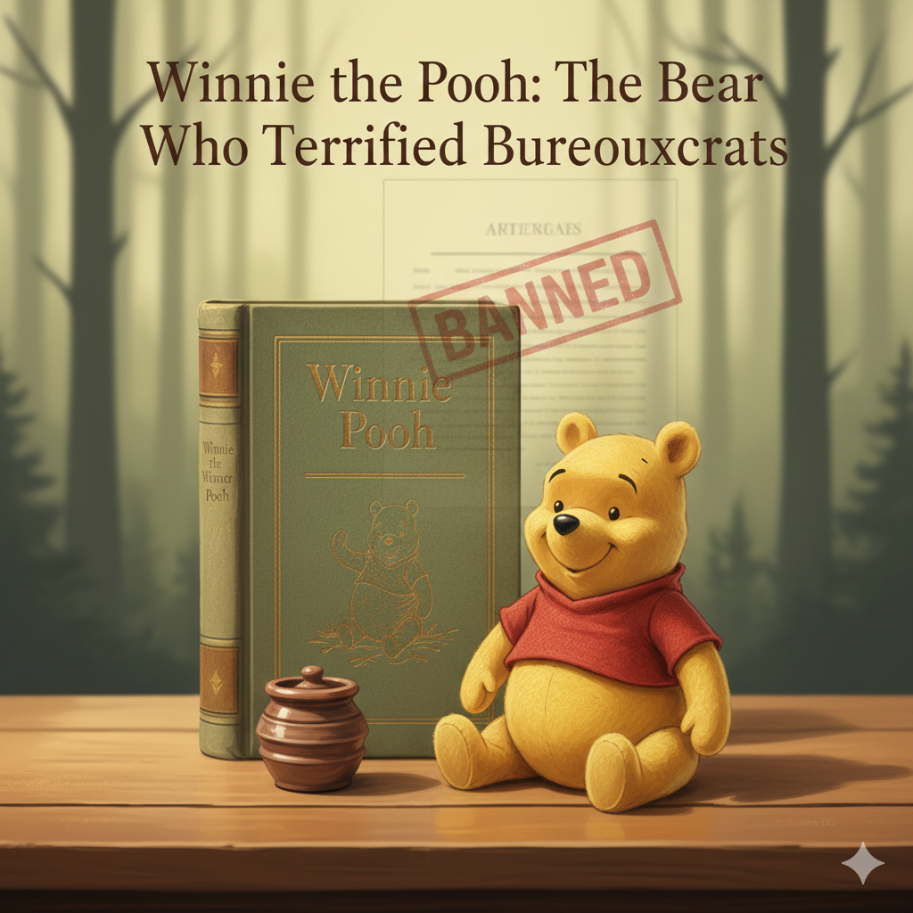 Illustration of a plush beige toy bear with a scarf sitting beside an old children’s book on a wooden table, with a faint “BANNED” stamp in the background.