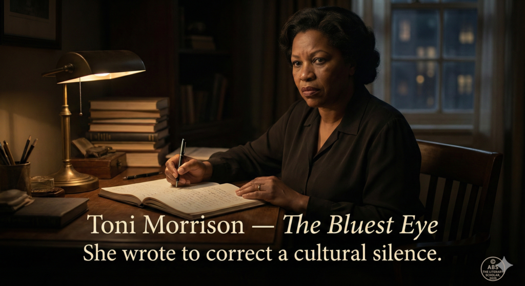 Illustrated portrait of Toni Morrison writing The Bluest Eye at a desk, symbolizing moral clarity, introspection, and her effort to confront cultural silence.