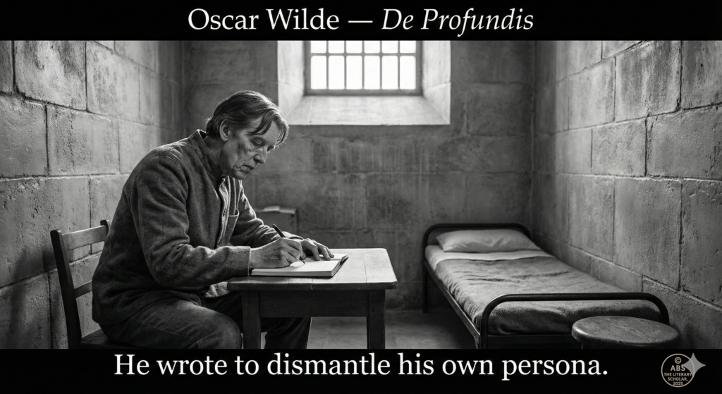 Illustrated portrait of Oscar Wilde in prison writing De Profundis, symbolising introspection, loss of persona, and moral reckoning.