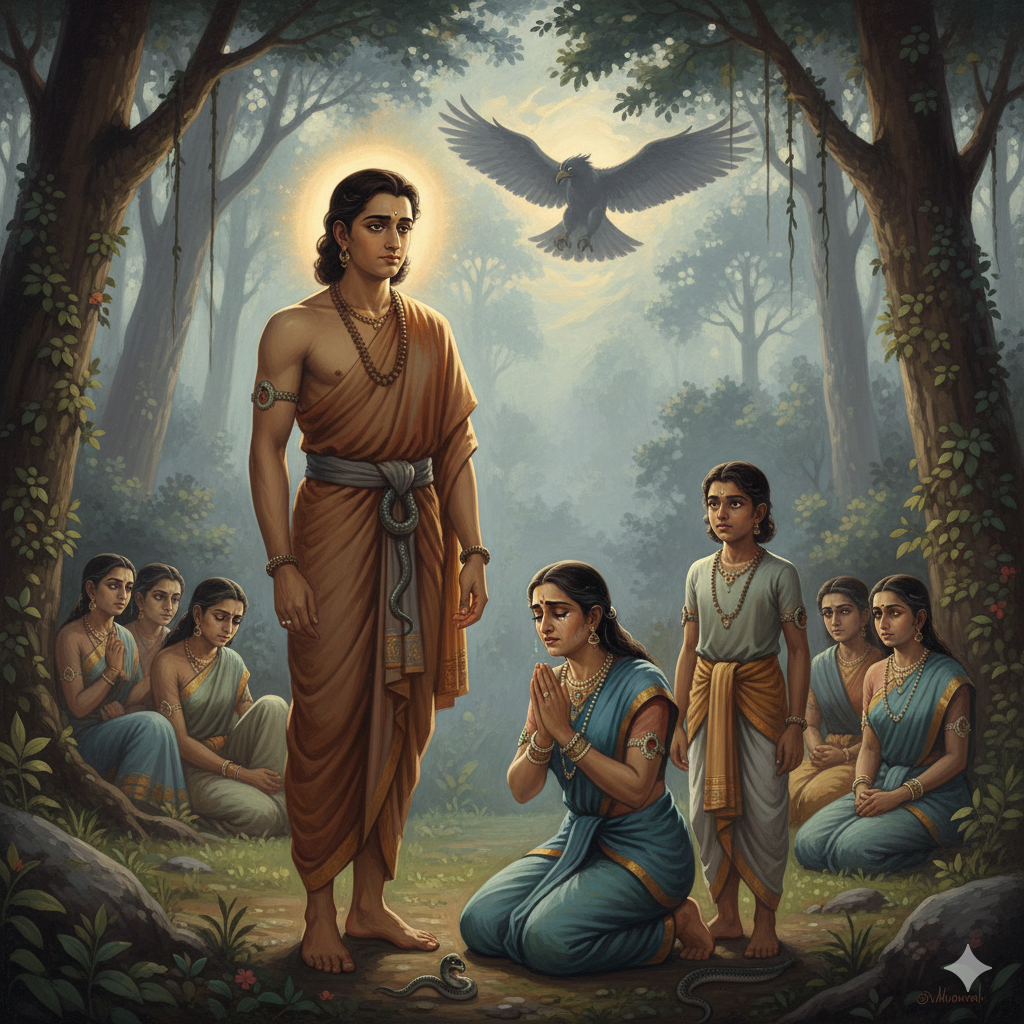 A painting of Jimutavahana comforting the grieving Naga mother and community in a misty forest as the shadow of Garuda looms overhead.