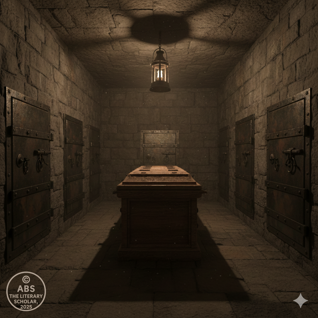 A stone-walled underground chamber with a closed coffin, dimly lit by torches or lantern glow.