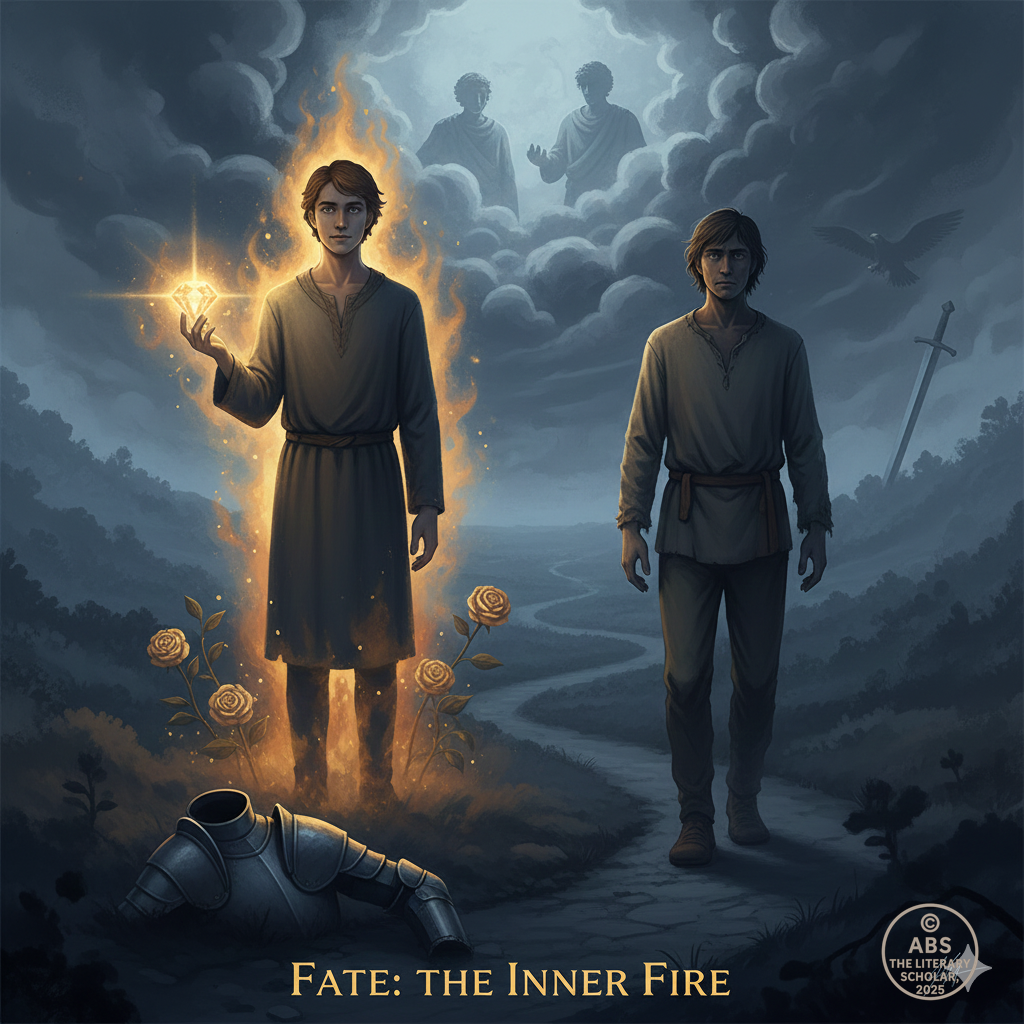 A symbolic painting showing a glowing, fire-lit figure holding a radiant jewel while a shadowed, overlooked man walks away, inspired by Emerson’s poem “Fate.”