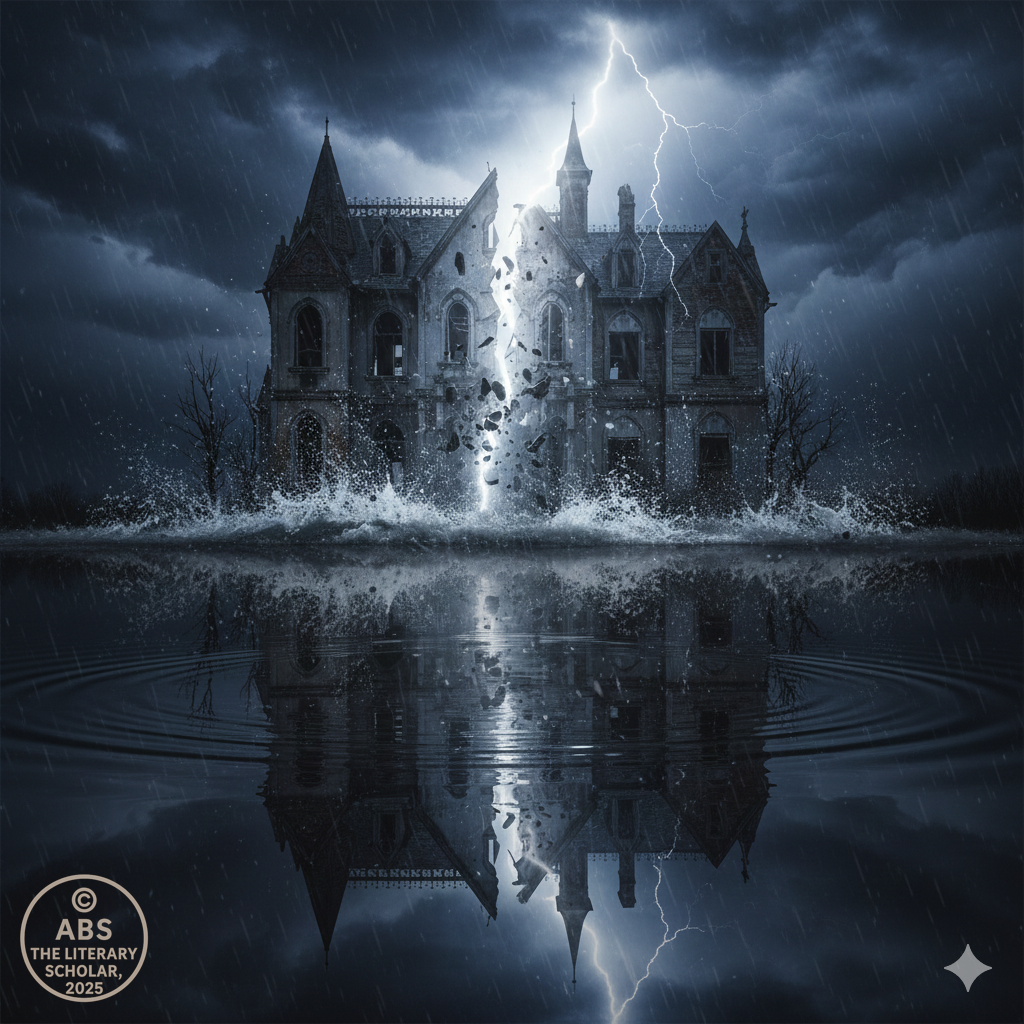 A Gothic mansion splitting apart during a storm, collapsing into dark waters as lightning flashes above.
