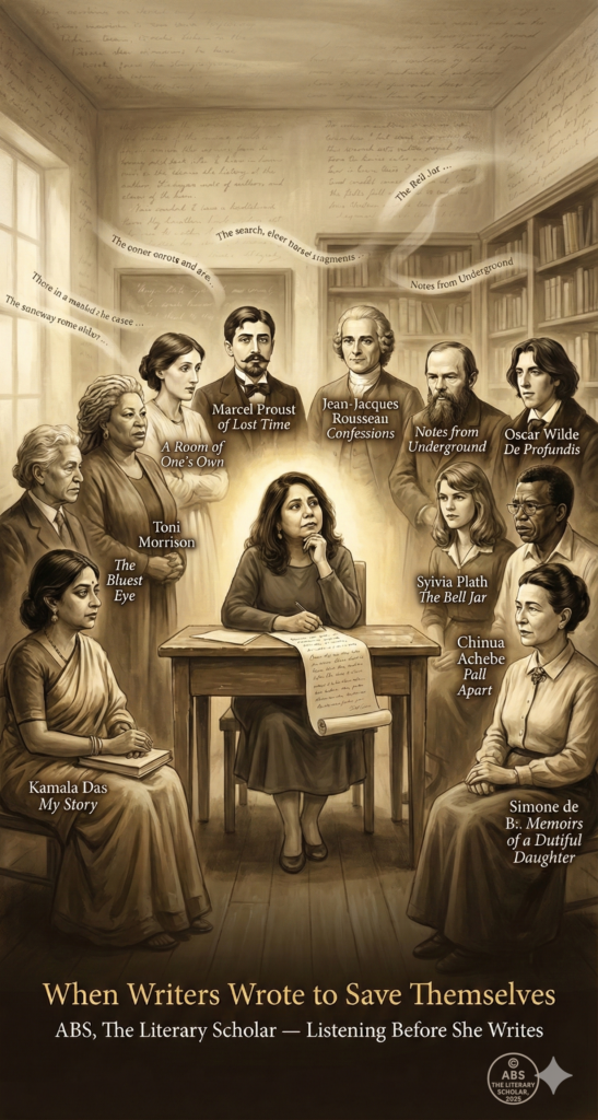 Symbolic illustration of ABS, The Literary Scholar, seated in a timeless classroom listening to ten iconic authors presenting the books they wrote to transform themselves.