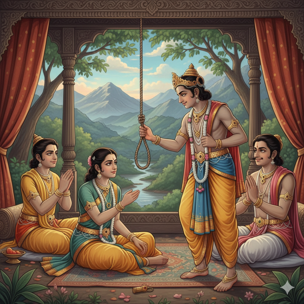 Alt Text: A vibrant painting showing the first romantic encounter in the play Nagananda. Prince Jimutavahana, dressed in simple ascetic robes, is concealed behind a large, flowering tree. He is gazing intently at Princess Malayavati, who stands nearby in the peaceful penance grove with a maid, her expression focused and beautiful. Soft sunlight filters through the dense, tropical foliage of the Malaya Mountains.