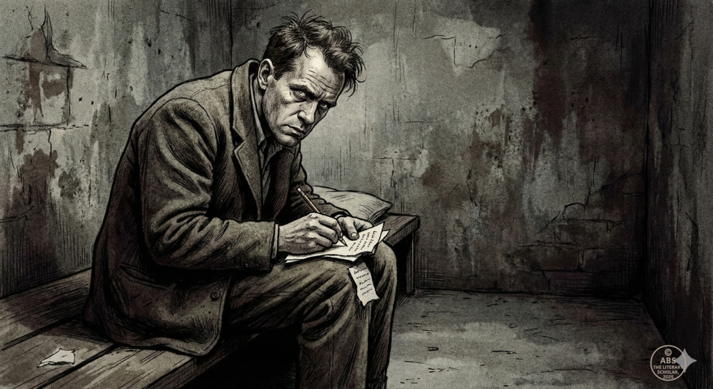 Jean Genet writing on loose papers inside a French prison cell during the 1940s.