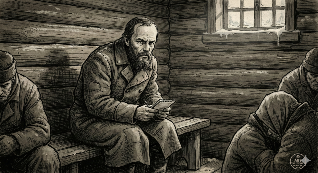 Fyodor Dostoevsky seated in a Siberian prison camp, reflecting on human psychology during imprisonment.