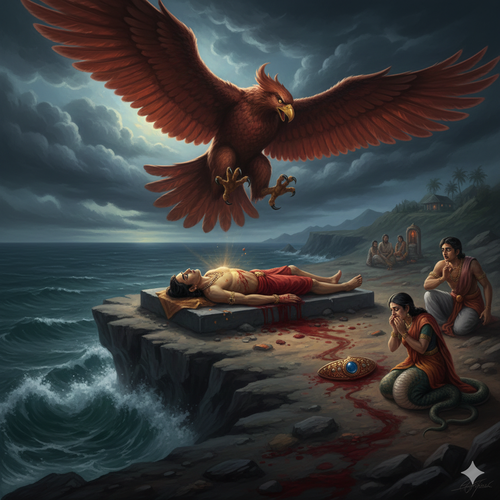 A dramatic painting set on a stormy, rocky cliff overlooking the ocean. In the foreground, the Naga Prince Shankhachuda kneels beside a bloody sacrificial slab, his face registering shock and profound grief. He is holding a shattered, distinctive serpent crest jewel. A trail of blood leads off the slab, indicating the victim was carried away by Garuda. The massive shadow of the departing eagle is cast against the gray sky.
