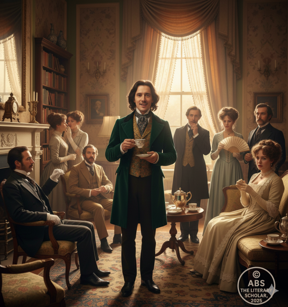 Oscar Wilde in a Victorian setting, surrounded by symbols of high society, wit, and theatrical elegance associated with The Importance of Being Earnest.