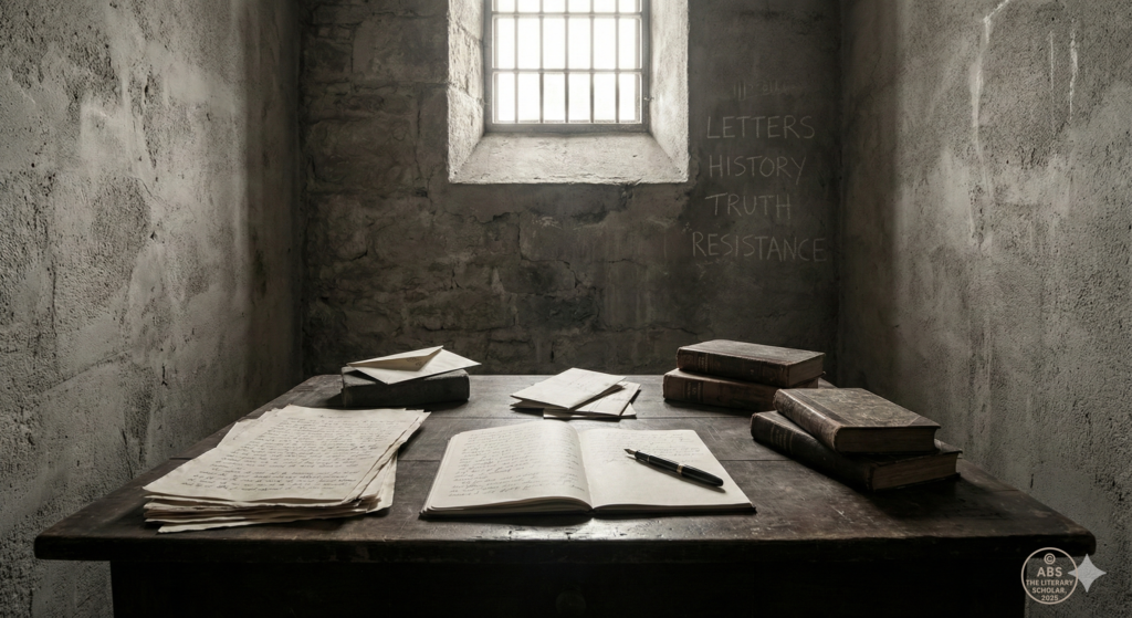 A symbolic prison cell with a writing desk, handwritten pages, books, and light entering through barred windows, representing literature written from prison.