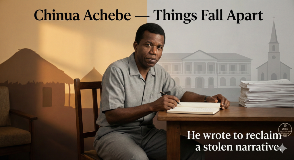 Illustrated portrait of Chinua Achebe writing Things Fall Apart, symbolising cultural memory, narrative correction, and postcolonial authorship.