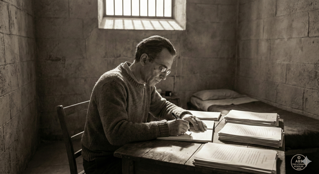Antonio Gramsci writing in a Fascist prison cell while composing the Prison Notebooks.