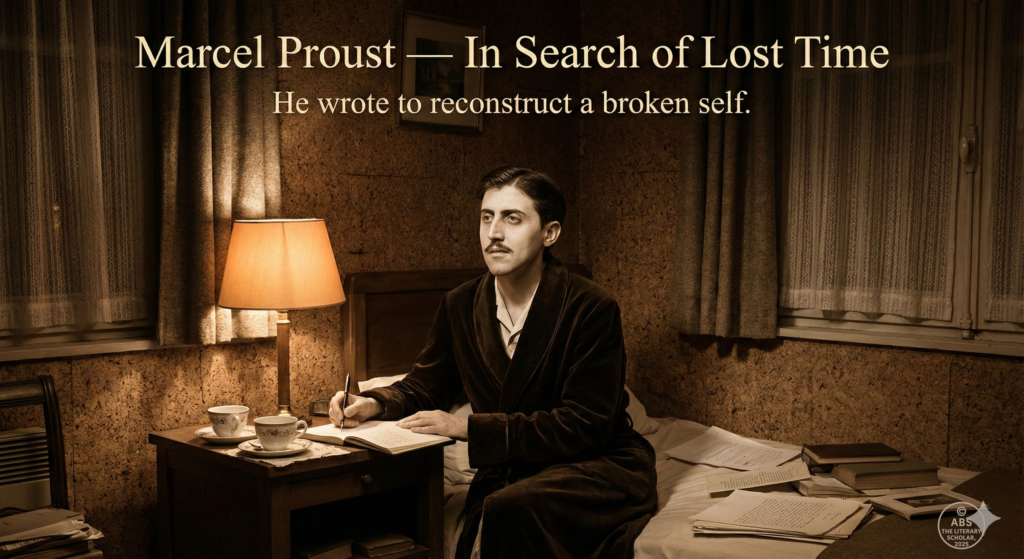Illustrated portrait of Marcel Proust writing in isolation, symbolizing memory, illness, and the inward reconstruction of self in In Search of Lost Time.