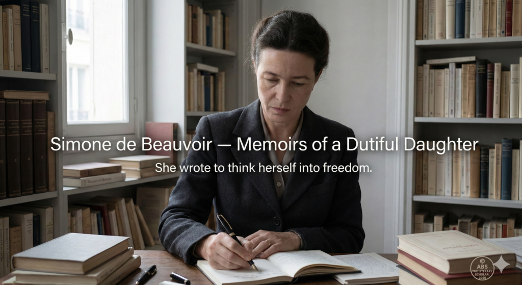 Illustrated portrait of Simone de Beauvoir writing Memoirs of a Dutiful Daughter, symbolising intellectual independence, reflection, and self-determined freedom.