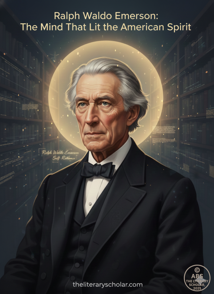 A classical-style portrait of Ralph Waldo Emerson, shown in a dark suit with a thoughtful and composed expression.
