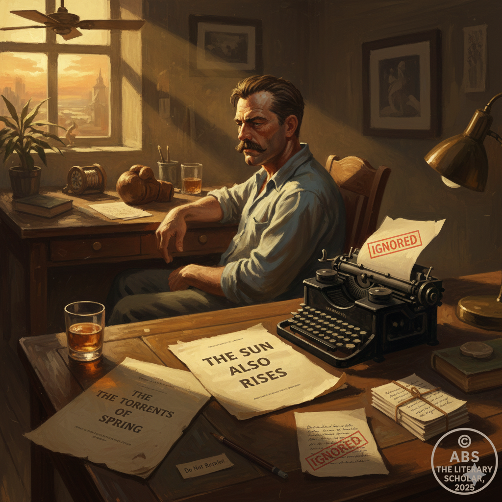 Illustration of Ernest Hemingway seated at a wooden desk at sunset, holding a draft of The Sun Also Rises with another copy on the desk and a stamped IRONIZED paper beside him.