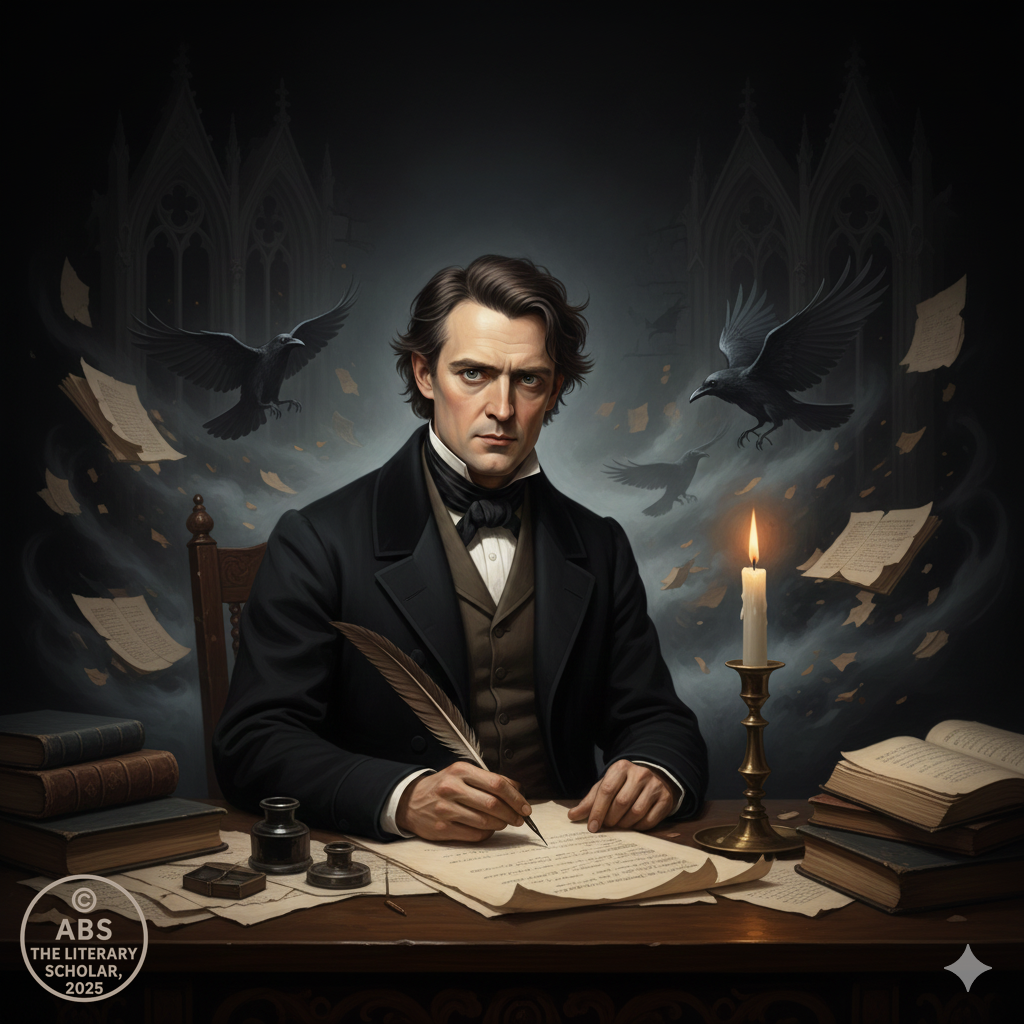 “Edgar Allan Poe sits at a wooden desk writing with a quill by candlelight, with shadowy ravens and Gothic shapes behind him.”