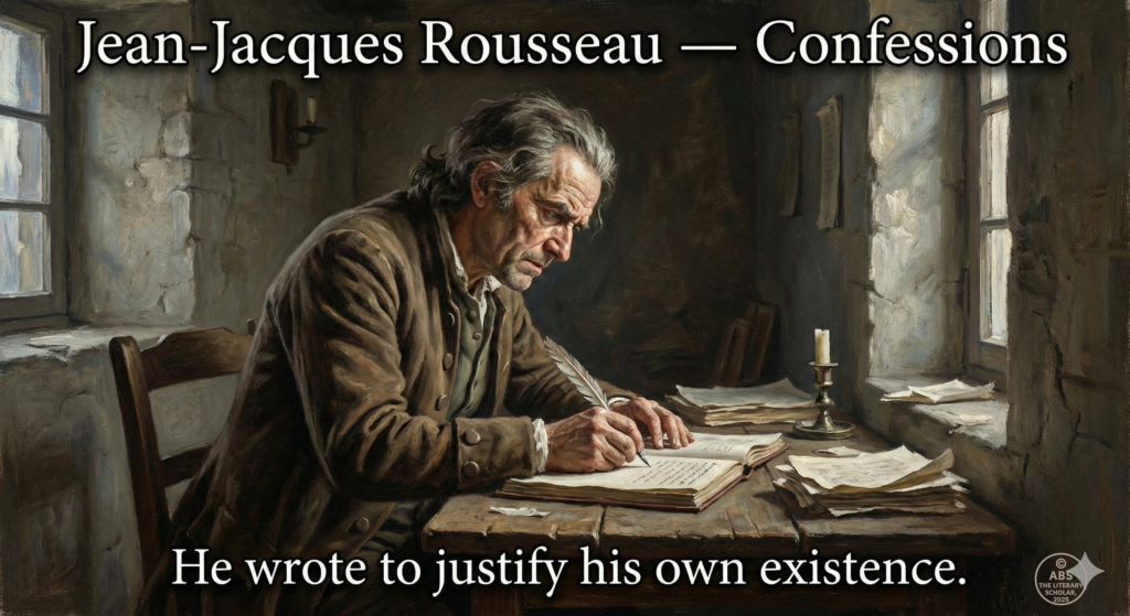 Illustrated portrait of Jean-Jacques Rousseau writing Confessions, depicting isolation, defensiveness, and the need for self-justification.