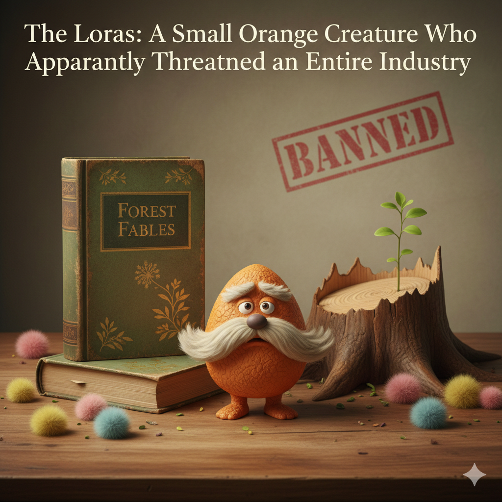 Illustration of an old book titled Forest Fables on a wooden table beside a small orange creature figurine with a large mustache, a chopped tree stump, a tiny sapling and a faint BANNED stamp in the background.
