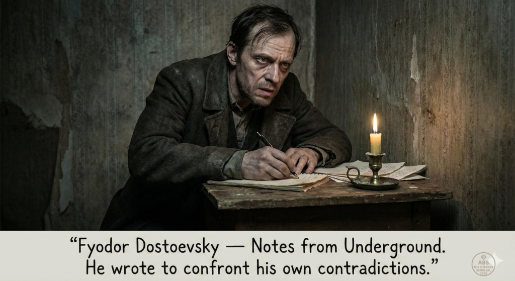 Illustrated portrait of Fyodor Dostoevsky writing Notes from Underground in a dark, confined room, symbolising inner conflict and psychological confrontation.