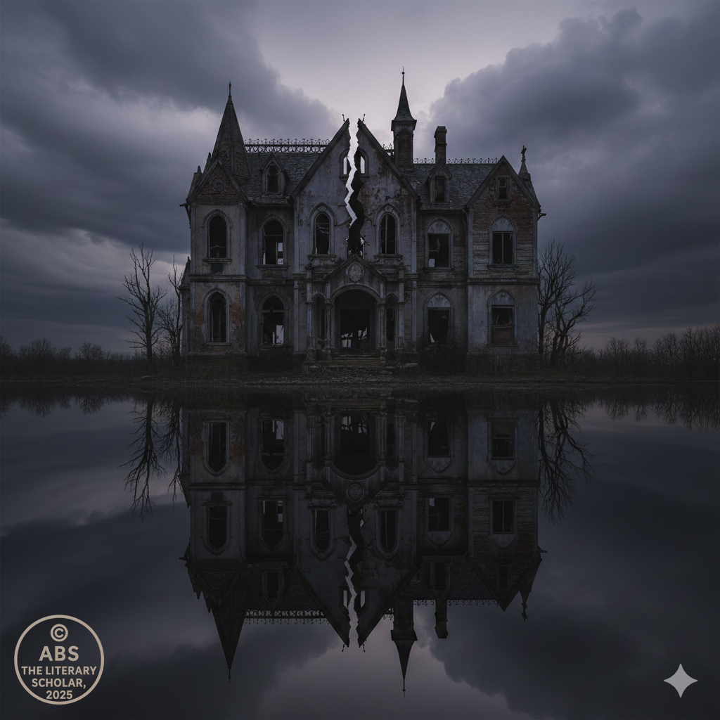 A dark, crumbling Gothic mansion with a long vertical crack running down the façade, reflected in a still, black tarn.